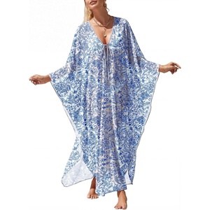 image:imageANRABESS Women Kaftan Moo Moos Dresses Floral Batwing Sleeve V Neck Beach Swimsuit Cover Up Caftan Maxi DressBlue Flower