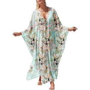 image:imageANRABESS Women Kaftan Moo Moos Dresses Floral Batwing Sleeve V Neck Beach Swimsuit Cover Up Caftan Maxi DressPink Floral