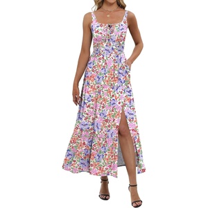 image:imageANRABESS Women Summer Casual Floral Printed Square Neck Sleeveless Straps Elastic Waist Slit Beach Vacation Maxi DressMulticolored Floral