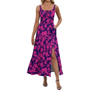 image:imageANRABESS Women Summer Casual Floral Printed Square Neck Sleeveless Straps Elastic Waist Slit Beach Vacation Maxi DressNavy Hot Pink Floral