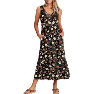 image:imageANRABESS Women Summer Maxi Dresses Aline Tiered Flowy V Neck Sleeveless Swing 2026 Casual Beach Travel Sundress with PocketsBlack With Floral Red Yellow