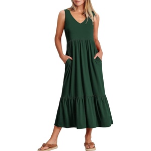 image:imageANRABESS Women Summer Maxi Dresses Aline Tiered Flowy V Neck Sleeveless Swing 2026 Casual Beach Travel Sundress with PocketsDeep Green