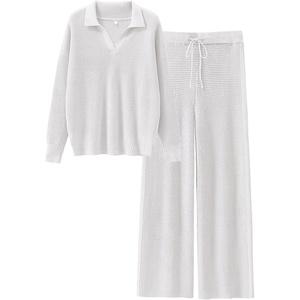 image:imageANRABESS Women Two Piece Outfits Sweater Sets Lounge Waffle Knit Pullover Matching Wide Leg Pants Tracksuit 2026 Fall FashionWhite