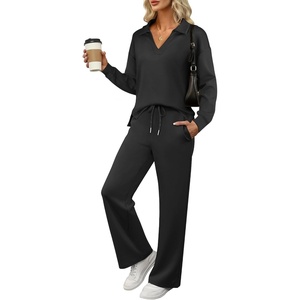 image:imageANRABESS Womens 2 Piece Outfits Lounge Sets Casual Long Sleeve Sweatshirts Polo Top Wide Leg Pants Fall Sweat Matching SetsBlack