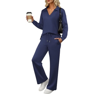 image:imageANRABESS Womens 2 Piece Outfits Lounge Sets Casual Long Sleeve Sweatshirts Polo Top Wide Leg Pants Fall Sweat Matching SetsNavy Blue