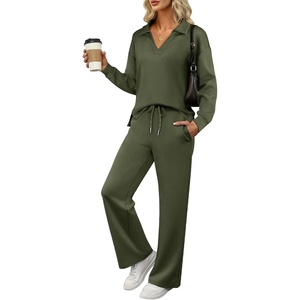 image:imageANRABESS Womens 2 Piece Outfits Lounge Sets Casual Long Sleeve Sweatshirts Polo Top Wide Leg Pants Fall Sweat Matching SetsOlive