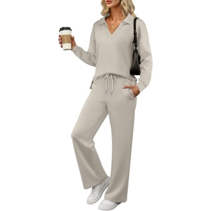 image:imageANRABESS Womens 2 Piece Outfits Lounge Sets Casual Long Sleeve Sweatshirts Polo Top Wide Leg Pants Fall Sweat Matching SetsPeytoe