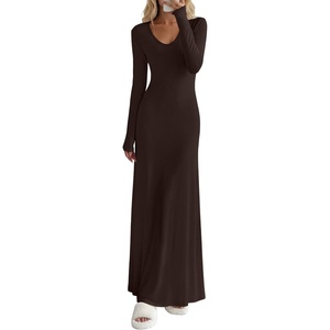 image:imageANRABESS Womens Bodycon Scoop Neck Long Sleeve Maxi Dress  Soft Brushed Lined Stretch KnitSlim Fit Loungewear Night Out Party DressesCasual Elegant StyleSpring Fall Winter WearDark Brown