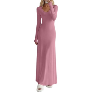 image:imageANRABESS Womens Bodycon Scoop Neck Long Sleeve Maxi Dress  Soft Brushed Lined Stretch KnitSlim Fit Loungewear Night Out Party DressesCasual Elegant StyleSpring Fall Winter WearCoral Pink