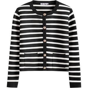 image:imageANRABESS Womens Button Down Cropped Cardigan Sweaters  StripedampSolidPocketsLadys Fall Jacket Slightly OversizeDressy Casual Cute Classic CoatTravelampHome Everyday WearBlack White Stripe
