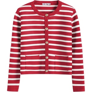 image:imageANRABESS Womens Button Down Cropped Cardigan Sweaters  StripedampSolidPocketsLadys Fall Jacket Slightly OversizeDressy Casual Cute Classic CoatTravelampHome Everyday WearRed White Stripe