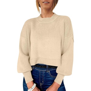 image:imageANRABESS Womens Cropped Sweaters Oversized Crewneck Long Batwing Sleeve Side Slit Ribbed Knit Pullover Tops 2026 Fall ClothesApricot