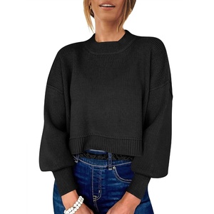 image:imageANRABESS Womens Cropped Sweaters Oversized Crewneck Long Batwing Sleeve Side Slit Ribbed Knit Pullover Tops 2026 Fall ClothesBlack