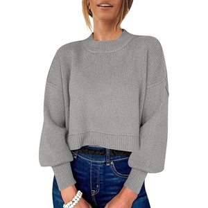 image:imageANRABESS Womens Cropped Sweaters Oversized Crewneck Long Batwing Sleeve Side Slit Ribbed Knit Pullover Tops 2026 Fall ClothesGrey