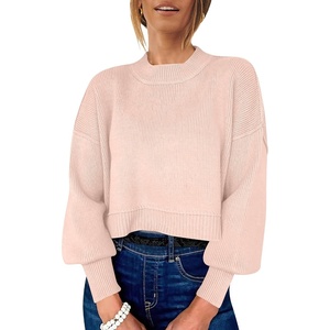 image:imageANRABESS Womens Cropped Sweaters Oversized Crewneck Long Batwing Sleeve Side Slit Ribbed Knit Pullover Tops 2026 Fall ClothesPink Khaki