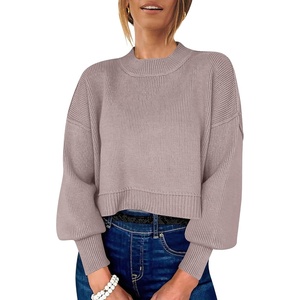 image:imageANRABESS Womens Cropped Sweaters Oversized Crewneck Long Batwing Sleeve Side Slit Ribbed Knit Pullover Tops 2026 Fall ClothesRed Apricot