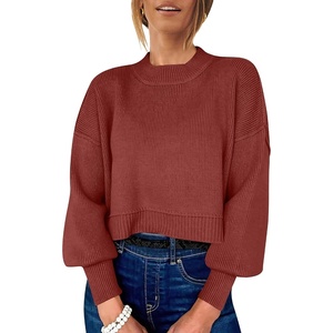 image:imageANRABESS Womens Cropped Sweaters Oversized Crewneck Long Batwing Sleeve Side Slit Ribbed Knit Pullover Tops 2026 Fall ClothesRust