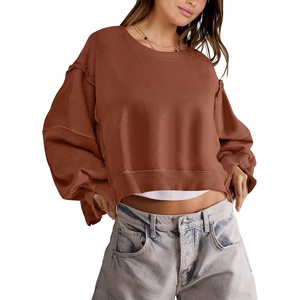 image:imageANRABESS Womens Cropped Sweatshirts Oversized Crewneck Long Sleeve Tops 2026 Spring Winter Loose Pullover Teen Girls ClothesCaramel