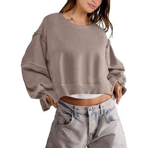image:imageANRABESS Womens Cropped Sweatshirts Oversized Crewneck Long Sleeve Tops 2026 Spring Winter Loose Pullover Teen Girls ClothesKhaki
