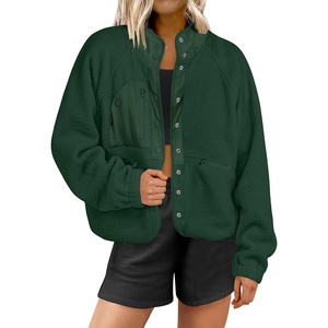 image:imageANRABESS Womens Fuzzy Fleece Jacket Fall Casual Long Sleeve Cropped Sherpa Button Down Shacket Coats Outwear With PocketsArmy Green