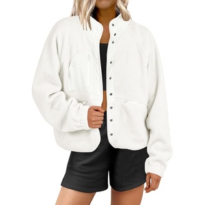 image:imageANRABESS Womens Fuzzy Fleece Jacket Fall Casual Long Sleeve Cropped Sherpa Button Down Shacket Coats Outwear With PocketsBeige