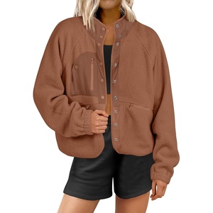 image:imageANRABESS Womens Fuzzy Fleece Jacket Fall Casual Long Sleeve Cropped Sherpa Button Down Shacket Coats Outwear With PocketsBrown