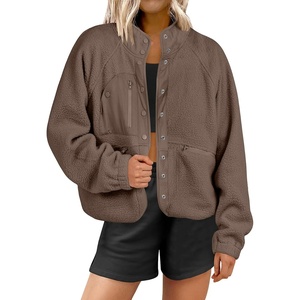image:imageANRABESS Womens Fuzzy Fleece Jacket Fall Casual Long Sleeve Cropped Sherpa Button Down Shacket Coats Outwear With PocketsCoffee