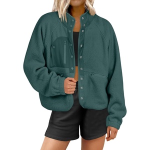 image:imageANRABESS Womens Fuzzy Fleece Jacket Fall Casual Long Sleeve Cropped Sherpa Button Down Shacket Coats Outwear With PocketsDark Green