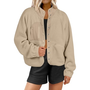 image:imageANRABESS Womens Fuzzy Fleece Jacket Fall Casual Long Sleeve Cropped Sherpa Button Down Shacket Coats Outwear With PocketsKhaki
