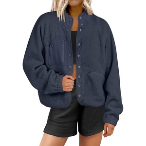 image:imageANRABESS Womens Fuzzy Fleece Jacket Fall Casual Long Sleeve Cropped Sherpa Button Down Shacket Coats Outwear With PocketsNavy Blue