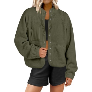 image:imageANRABESS Womens Fuzzy Fleece Jacket Fall Casual Long Sleeve Cropped Sherpa Button Down Shacket Coats Outwear With PocketsOlive