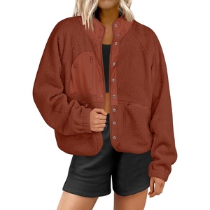 image:imageANRABESS Womens Fuzzy Fleece Jacket Fall Casual Long Sleeve Cropped Sherpa Button Down Shacket Coats Outwear With PocketsRust