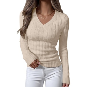 image:imageANRABESS Womens Long Sleeve Cable Knit Sweater 2026 Fall Fashion V Neck Fitted Pullover Top Business Casual Work Fall OutfitsApricot