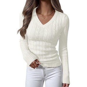 image:imageANRABESS Womens Long Sleeve Cable Knit Sweater 2026 Fall Fashion V Neck Fitted Pullover Top Business Casual Work Fall OutfitsCream White