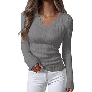 image:imageANRABESS Womens Long Sleeve Cable Knit Sweater 2026 Fall Fashion V Neck Fitted Pullover Top Business Casual Work Fall OutfitsGrey