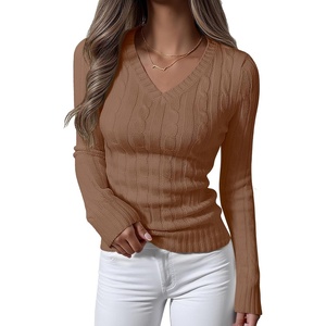 image:imageANRABESS Womens Long Sleeve Cable Knit Sweater 2026 Fall Fashion V Neck Fitted Pullover Top Business Casual Work Fall OutfitsKhaki Tan