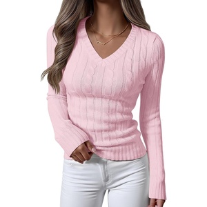 image:imageANRABESS Womens Long Sleeve Cable Knit Sweater 2026 Fall Fashion V Neck Fitted Pullover Top Business Casual Work Fall OutfitsPink