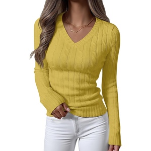 image:imageANRABESS Womens Long Sleeve Cable Knit Sweater 2026 Fall Fashion V Neck Fitted Pullover Top Business Casual Work Fall OutfitsYellow