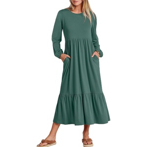 image:imageANRABESS Womens Long Sleeve Crewneck Tiered A Line Midi Dress  Soft Lightweight Breathable Loose Flowy Dress with Slit Pockets Fall Casual Outfit for Work Beach TravelGrass Green