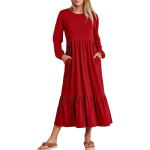 image:imageANRABESS Womens Long Sleeve Crewneck Tiered A Line Midi Dress  Soft Lightweight Breathable Loose Flowy Dress with Slit Pockets Fall Casual Outfit for Work Beach TravelRed