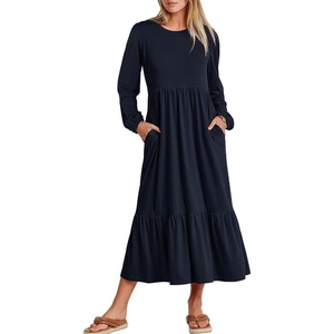 image:imageANRABESS Womens Long Sleeve Crewneck Tiered A Line Midi Dress  Soft Lightweight Breathable Loose Flowy Dress with Slit Pockets Fall Casual Outfit for Work Beach TravelDark Navy Blue