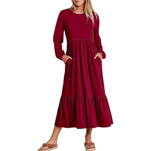 image:imageANRABESS Womens Long Sleeve Crewneck Tiered A Line Midi Dress  Soft Lightweight Breathable Loose Flowy Dress with Slit Pockets Fall Casual Outfit for Work Beach TravelBurgundy