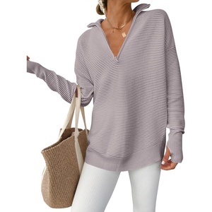 image:imageANRABESS Womens Long Sleeve Quarter Zip Sweater  V Neck Collared Thumb HolesSoft Ribbed Knit Pullover Topwith LeggingsWork Business CasualTravelFall Spring TransitionGray Apricot