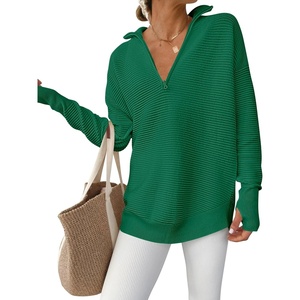 image:imageANRABESS Womens Long Sleeve Quarter Zip Sweater  V Neck Collared Thumb HolesSoft Ribbed Knit Pullover Topwith LeggingsWork Business CasualTravelFall Spring TransitionGreen