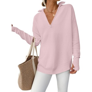 image:imageANRABESS Womens Long Sleeve Quarter Zip Sweater  V Neck Collared Thumb HolesSoft Ribbed Knit Pullover Topwith LeggingsWork Business CasualTravelFall Spring TransitionPink
