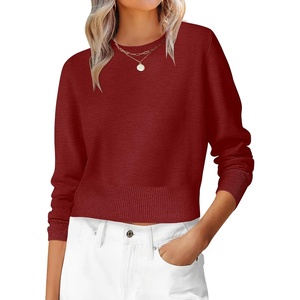 image:imageANRABESS Womens Long Sleeve Sweaters Cropped Crew Neck Business Casual Light Weight Sweater Tops Fall Fashion ClothesBrick Red