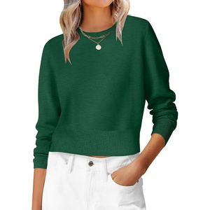 image:imageANRABESS Womens Long Sleeve Sweaters Cropped Crew Neck Business Casual Light Weight Sweater Tops Fall Fashion ClothesForest Deep Green