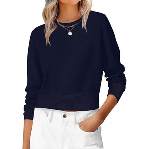 image:imageANRABESS Womens Long Sleeve Sweaters Cropped Crew Neck Business Casual Light Weight Sweater Tops Fall Fashion ClothesNavy Blue