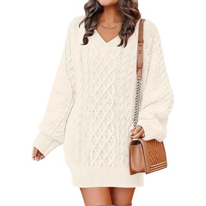 image:imageANRABESS Womens Long Sleeve V Neck Oversized Cable Knit Mini Sweater Dresses 2026 Winter Fall Trendy Pullover Tunic OutfitsBeige