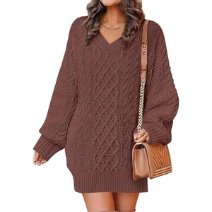image:imageANRABESS Womens Long Sleeve V Neck Oversized Cable Knit Mini Sweater Dresses 2026 Winter Fall Trendy Pullover Tunic OutfitsBrown